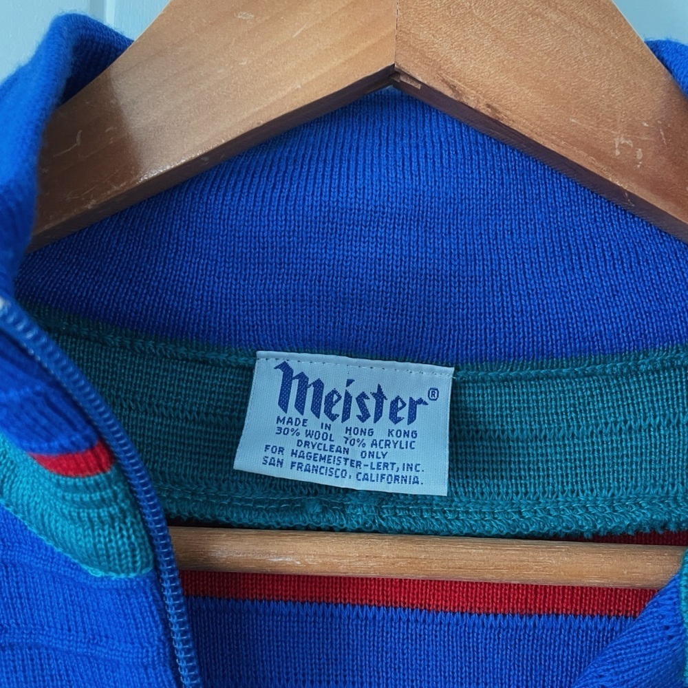 Vintage Colorblock Meister Sweater Blue/Green/Red 1/4 Zip Mock Collar Size L - Picture 4 of 6